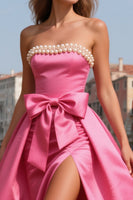 Load image into Gallery viewer, Bright Pink Pearls Strapless Long Prom Dress with Slit