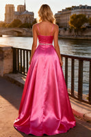 Load image into Gallery viewer, Sparkly Bright A Line Pink Spaghetti Straps Long Prom Dress