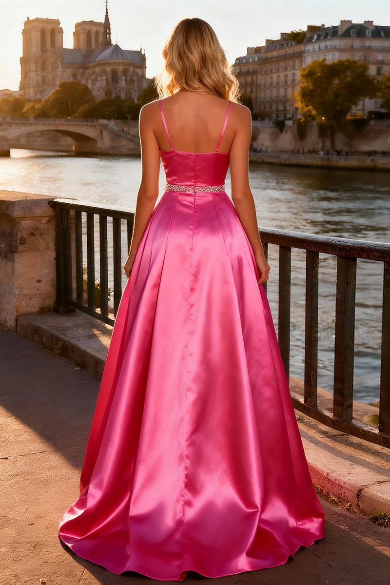 Load image into Gallery viewer, Sparkly Bright A Line Pink Spaghetti Straps Long Prom Dress