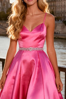 Load image into Gallery viewer, Sparkly Bright A Line Pink Spaghetti Straps Long Prom Dress