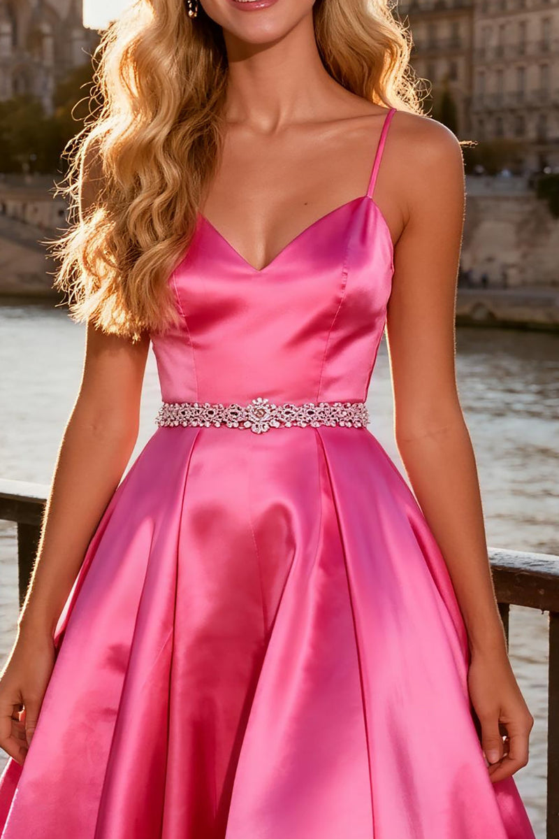 Load image into Gallery viewer, Sparkly Bright A Line Pink Spaghetti Straps Long Prom Dress
