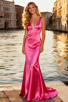 Load image into Gallery viewer, Sparkly Bright Pink V Neck Mermaid Long Prom Dress with Beadings
