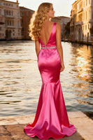 Load image into Gallery viewer, Sparkly Bright Pink V Neck Mermaid Long Prom Dress with Beadings
