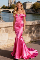Load image into Gallery viewer, Sparkly Bright Pink Beaded Mermaid Satin Long Prom Dress