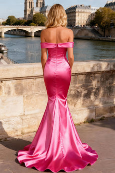 Sparkly Bright Pink Beaded Mermaid Satin Long Prom Dress