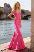 Load image into Gallery viewer, Sparkly Bright Pink Off the Shoulder Mermaid Long Corset Prom Dress