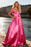 Load image into Gallery viewer, Sparkly Bright Pink A Line Off the Shoulder Maxi Prom Dress