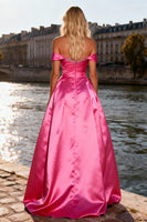 Load image into Gallery viewer, Sparkly Bright Pink A Line Off the Shoulder Maxi Prom Dress