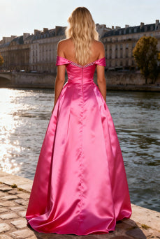 Sparkly Bright Pink A Line Off the Shoulder Maxi Prom Dress