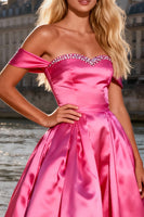 Load image into Gallery viewer, Sparkly Bright Pink A Line Off the Shoulder Maxi Prom Dress