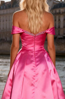 Load image into Gallery viewer, Sparkly Bright Pink A Line Off the Shoulder Maxi Prom Dress