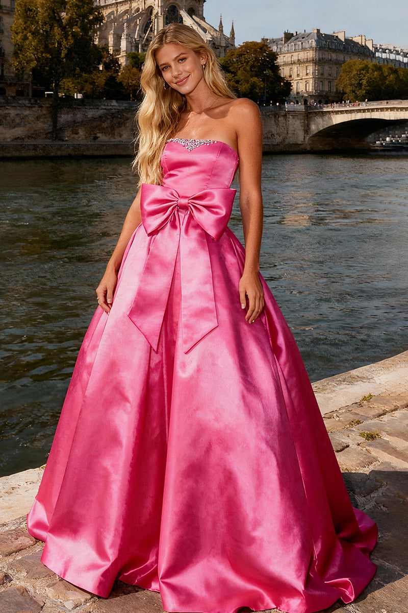 Load image into Gallery viewer, Sparkly Bright Pink Maxi Strapless Prom Dress with Bow