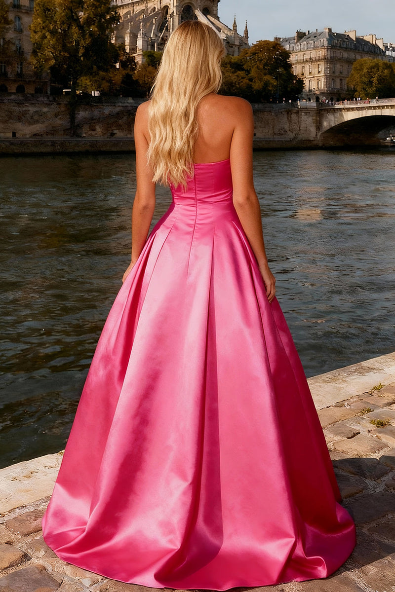 Load image into Gallery viewer, Sparkly Bright Pink Maxi Strapless Prom Dress with Bow