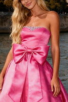 Load image into Gallery viewer, Sparkly Bright Pink Maxi Strapless Prom Dress with Bow