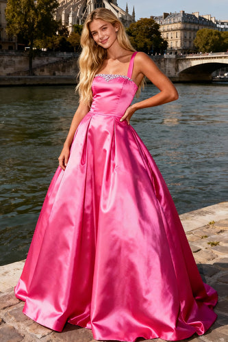Sparkly Bright Pink A Line Thick Straps Long Prom Dress