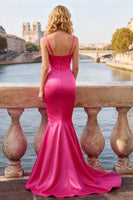 Load image into Gallery viewer, Bright Pink Thick Straps Mermaid Satin Long Prom Dress with Bow