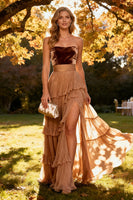 Load image into Gallery viewer, Khaki Tiered Chiffon Strapless Long Formal Dress with Slit