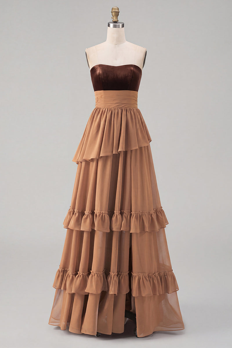 Load image into Gallery viewer, Khaki Tiered Chiffon Strapless Long Formal Dress with Slit