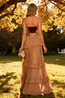 Load image into Gallery viewer, Khaki Tiered Chiffon Strapless Long Formal Dress with Slit