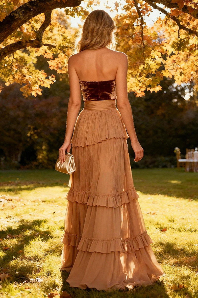Load image into Gallery viewer, Khaki Tiered Chiffon Strapless Long Formal Dress with Slit