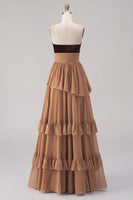 Load image into Gallery viewer, Khaki Tiered Chiffon Strapless Long Formal Dress with Slit