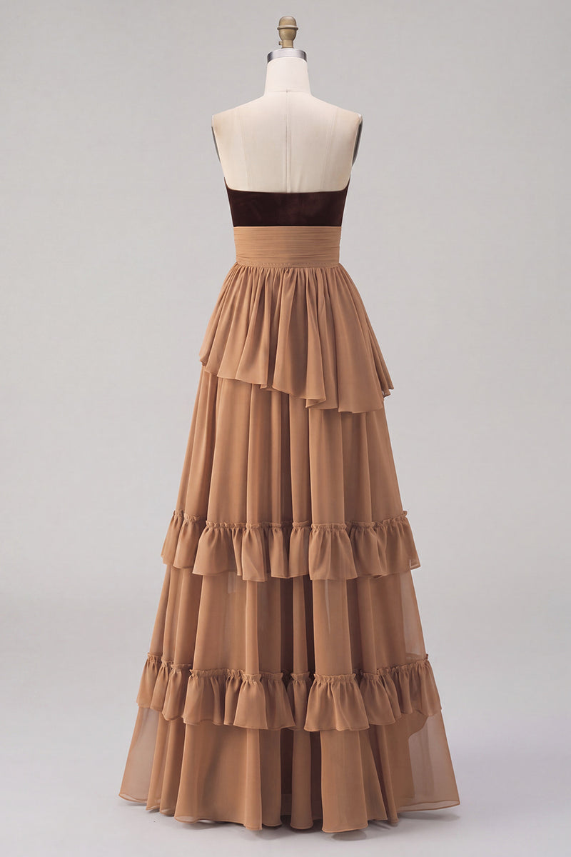 Load image into Gallery viewer, Khaki Tiered Chiffon Strapless Long Formal Dress with Slit