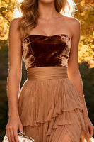 Load image into Gallery viewer, Khaki Tiered Chiffon Strapless Long Formal Dress with Slit