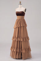Load image into Gallery viewer, Khaki Tiered Chiffon Strapless Long Formal Dress with Slit