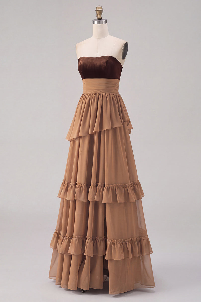 Load image into Gallery viewer, Khaki Tiered Chiffon Strapless Long Formal Dress with Slit