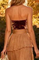 Load image into Gallery viewer, Khaki Tiered Chiffon Strapless Long Formal Dress with Slit