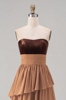 Load image into Gallery viewer, Khaki Tiered Chiffon Strapless Long Formal Dress with Slit