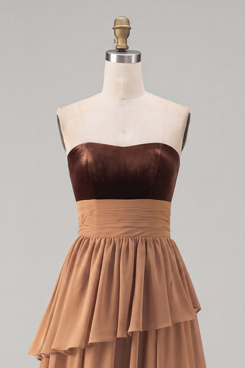 Load image into Gallery viewer, Khaki Tiered Chiffon Strapless Long Formal Dress with Slit