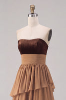 Load image into Gallery viewer, Khaki Tiered Chiffon Strapless Long Formal Dress with Slit
