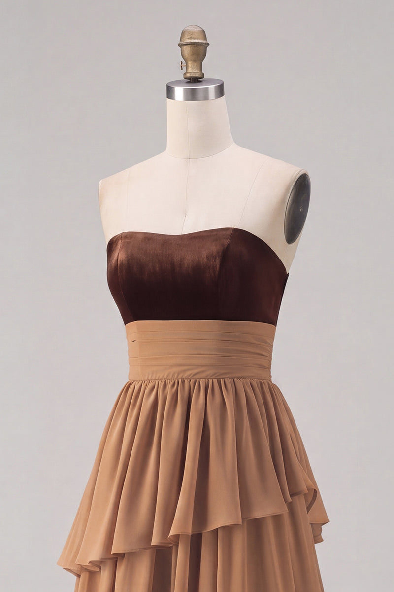Load image into Gallery viewer, Khaki Tiered Chiffon Strapless Long Formal Dress with Slit