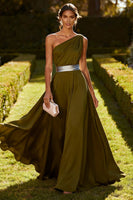 Load image into Gallery viewer, Olive Chiffon One Shoulder Ruched Long Formal Dress