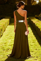 Load image into Gallery viewer, Olive Chiffon One Shoulder Ruched Long Formal Dress
