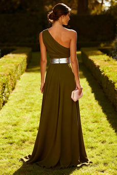 Olive Chiffon One Shoulder Ruched Long Formal Dress