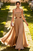 Load image into Gallery viewer, Khaki Chiffon Neck Scarf Pleated Long Formal Dress