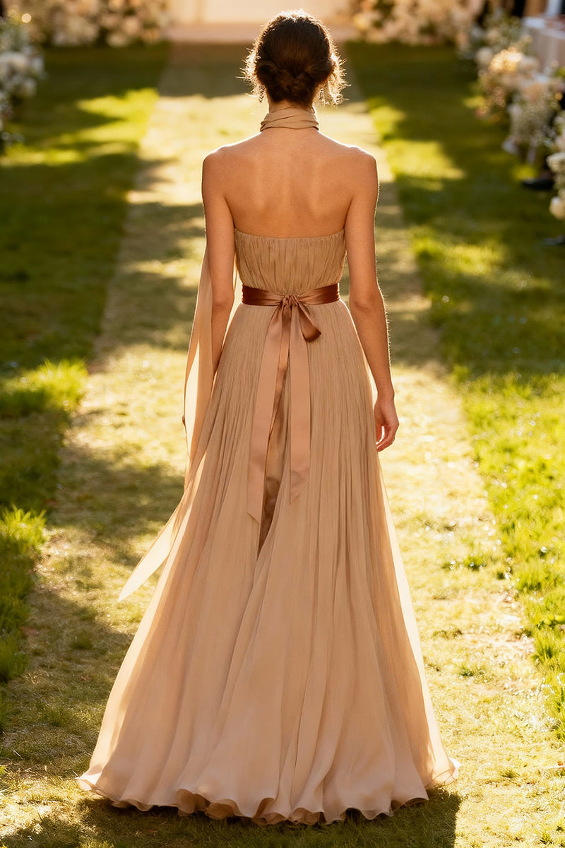 Load image into Gallery viewer, Khaki Chiffon Neck Scarf Pleated Long Formal Dress