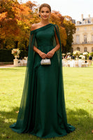 Load image into Gallery viewer, Dark Green Chiffon One Shoulder Long Formal Dress with Cape
