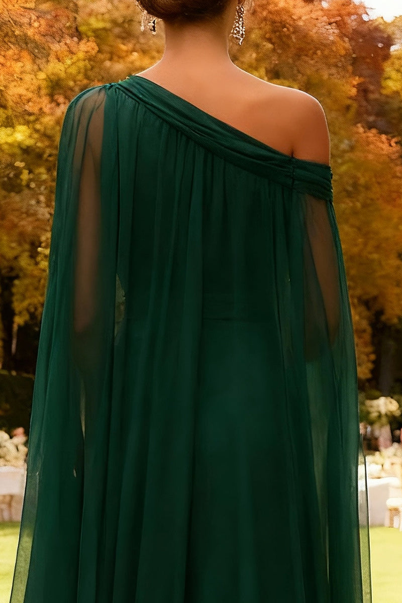 Load image into Gallery viewer, Dark Green Chiffon One Shoulder Long Formal Dress with Cape
