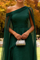 Load image into Gallery viewer, Dark Green Chiffon One Shoulder Long Formal Dress with Cape