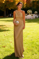 Load image into Gallery viewer, Khaki One Shoulder Ruched Satin Long Formal Dress