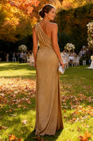 Load image into Gallery viewer, Khaki One Shoulder Ruched Satin Long Formal Dress