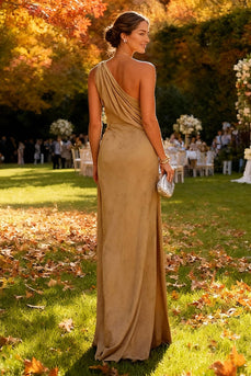 Khaki One Shoulder Ruched Satin Long Formal Dress
