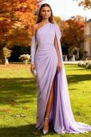 Load image into Gallery viewer, Light Purple One Shoulder Mermaid Long Formal Dress with Side Cape