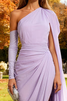 Load image into Gallery viewer, Light Purple One Shoulder Mermaid Long Formal Dress with Side Cape