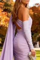 Load image into Gallery viewer, Light Purple One Shoulder Mermaid Long Formal Dress with Side Cape