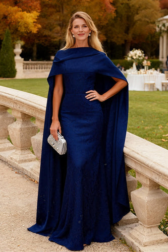 Navy Chiffon Long Mermaid Formal Dress with Cape