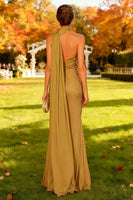 Load image into Gallery viewer, Khaki Satin Halter Mermaid Long Formal Dress
